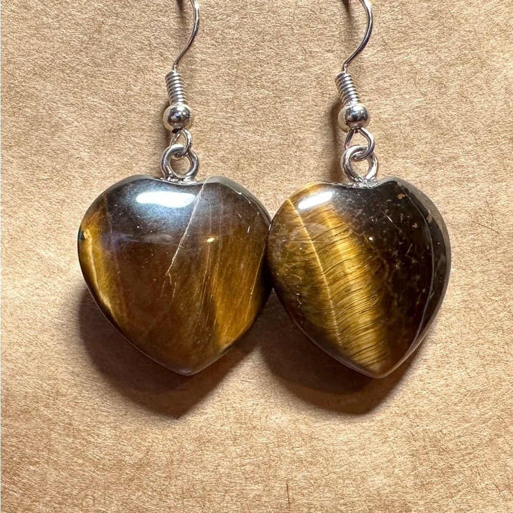 Beautiful Tiger Eye Heart Earrings. Stainless steel fish hook ear wires.